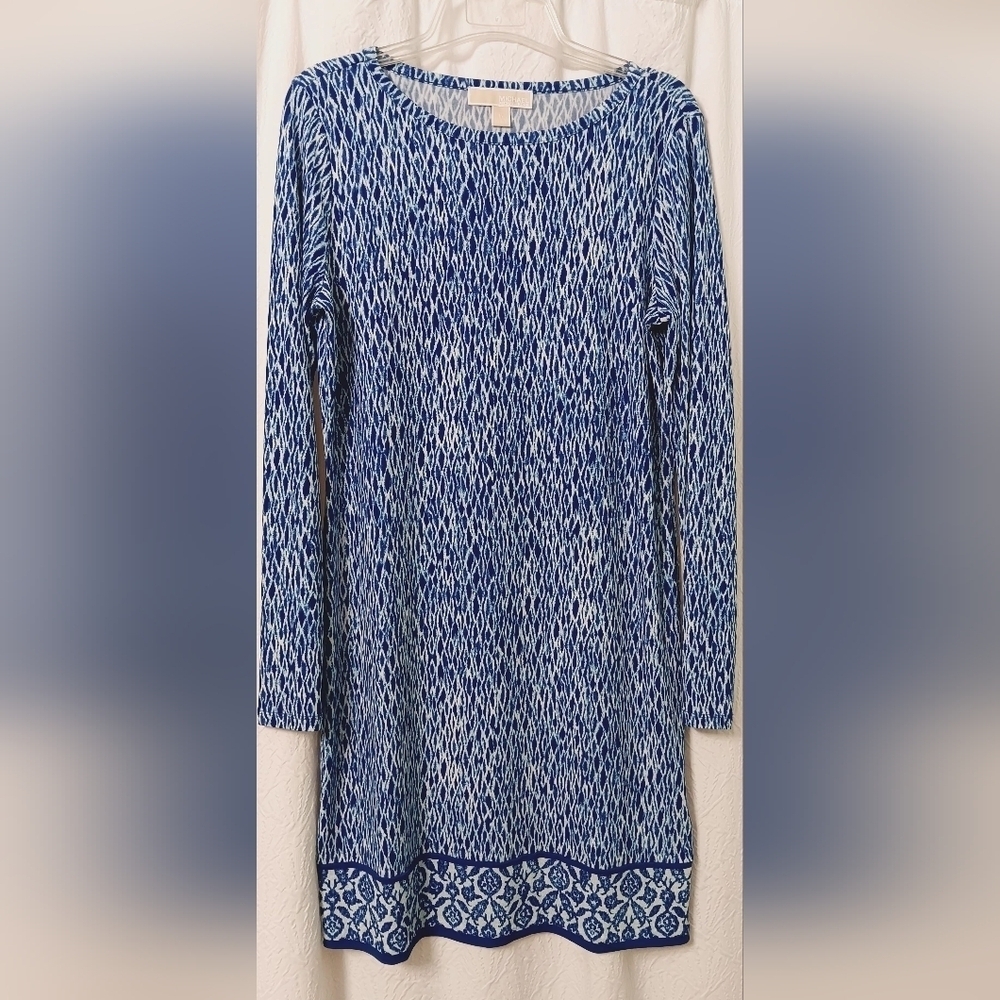 Michael Kors blue white long sleeves Abstract Shirf dress size M